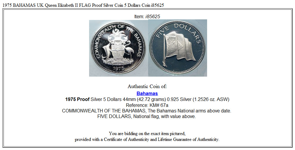 1975 BAHAMAS UK Queen Elizabeth II FLAG Proof Silver Coin 5 Dollars Coin i85625