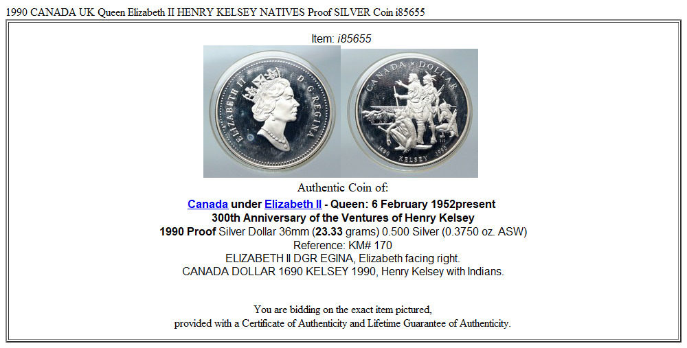 1990 CANADA UK Queen Elizabeth II HENRY KELSEY NATIVES Proof SILVER Coin i85655