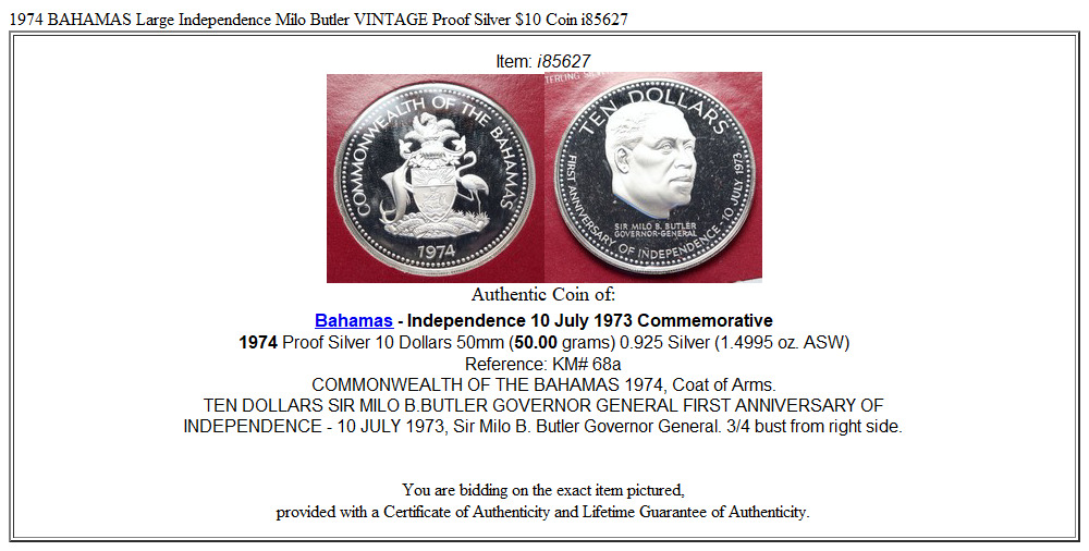 1974 BAHAMAS Large Independence Milo Butler VINTAGE Proof Silver $10 Coin i85627