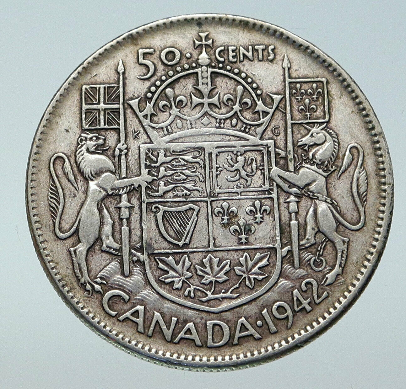 1942 CANADA WWII Time UK King GEORGE VI Coat-of-Arms SILVER 50 Cents Coin i85630