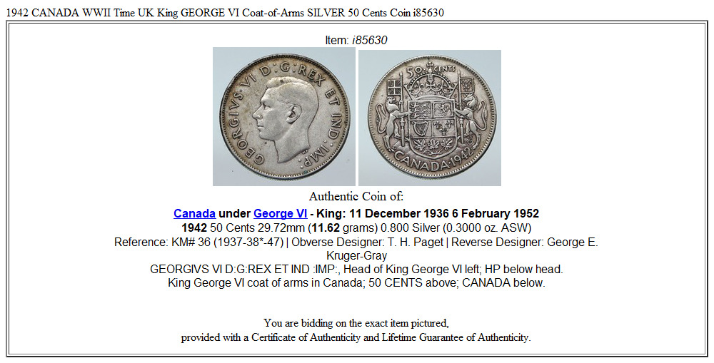 1942 CANADA WWII Time UK King GEORGE VI Coat-of-Arms SILVER 50 Cents Coin i85630