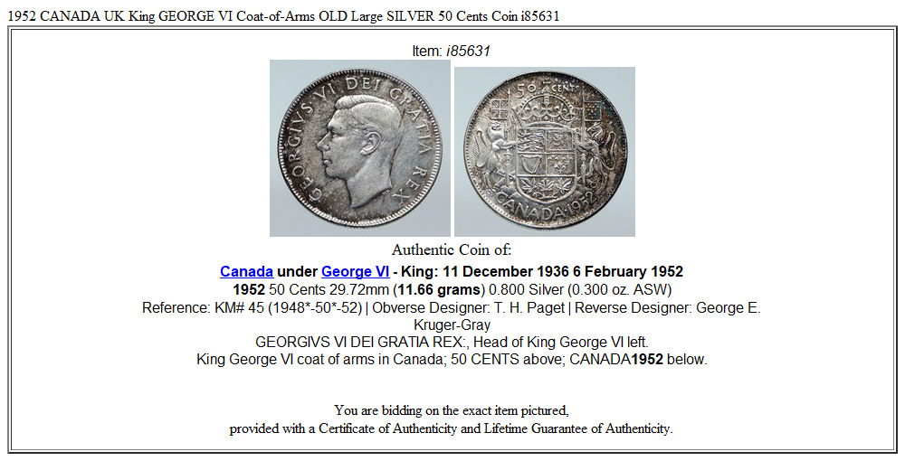 1952 CANADA UK King GEORGE VI Coat-of-Arms OLD Large SILVER 50 Cents Coin i85631