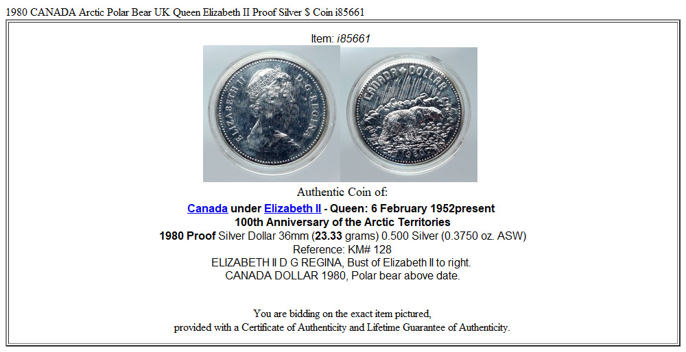 1980 CANADA Arctic Polar Bear UK Queen Elizabeth II Proof Silver $ Coin i85661