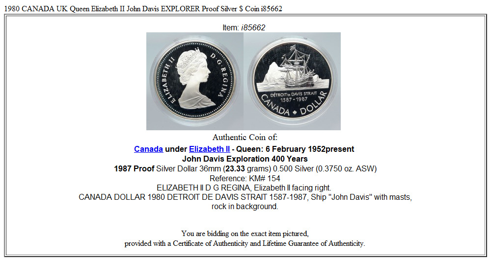 1980 CANADA UK Queen Elizabeth II John Davis EXPLORER Proof Silver $ Coin i85662