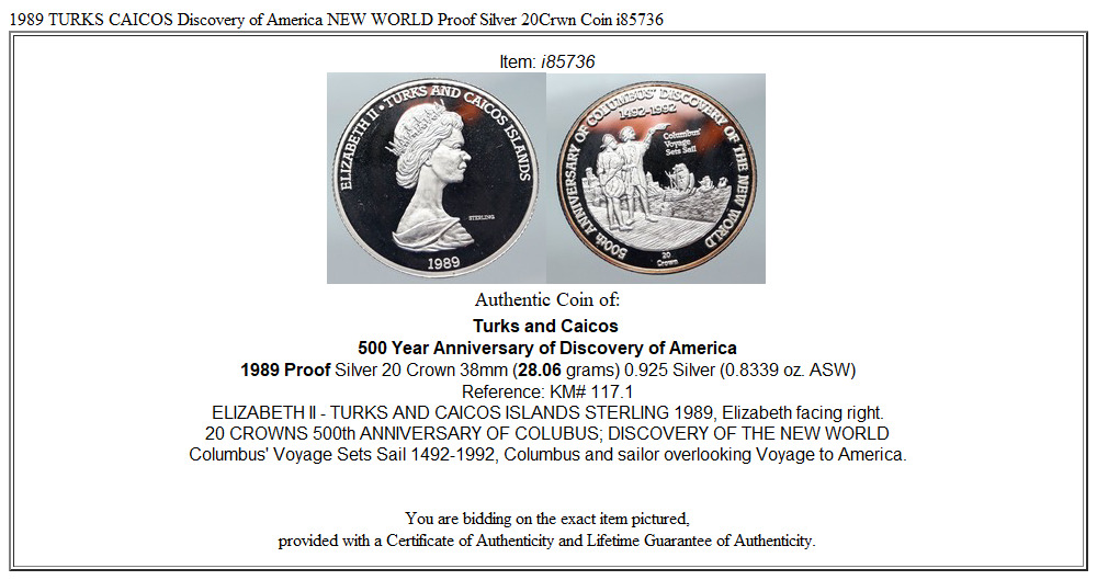 1989 TURKS CAICOS Discovery of America NEW WORLD Proof Silver 20Crwn Coin i85736