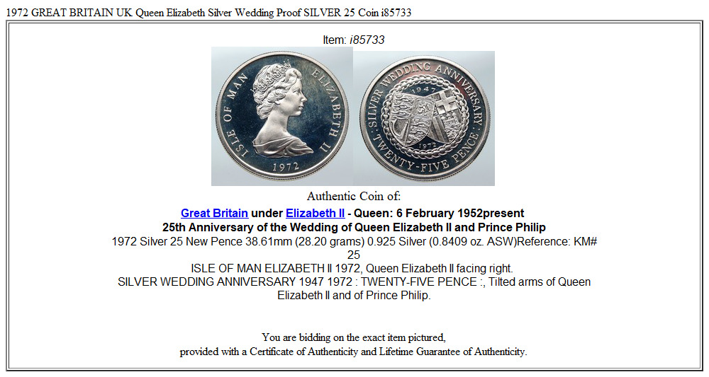 1972 GREAT BRITAIN UK Queen Elizabeth Silver Wedding Proof SILVER 25 Coin i85733