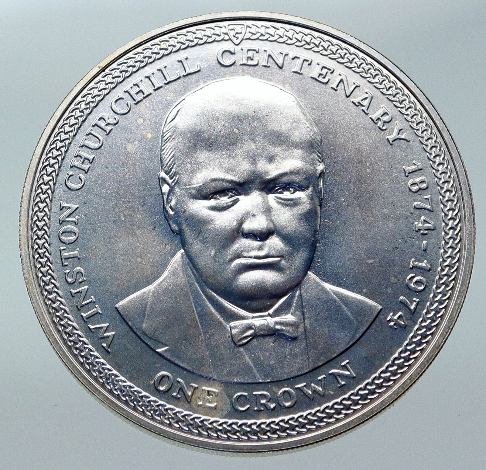 1974 ISLE of MAN UK Elizabeth II 100Y WINSTON CHURCHILL Silver Crown Coin i85732