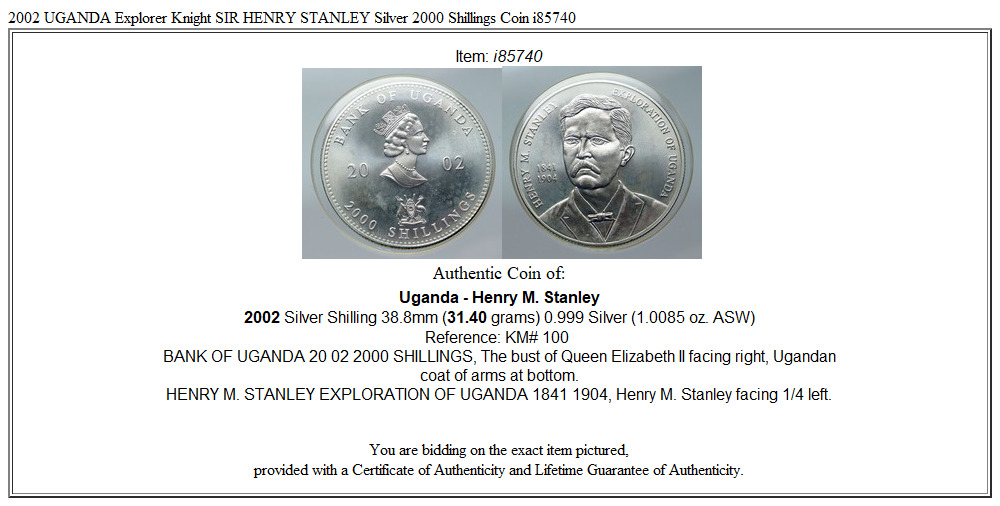 2002 UGANDA Explorer Knight SIR HENRY STANLEY Silver 2000 Shillings Coin i85740