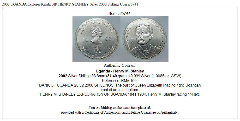 2002 UGANDA Explorer Knight SIR HENRY STANLEY Silver 2000 Shillings Coin i85741