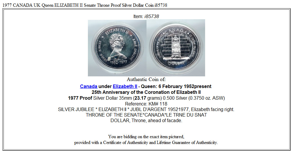 1977 CANADA UK Queen ELIZABETH II Senate Throne Proof Silver Dollar Coin i85738