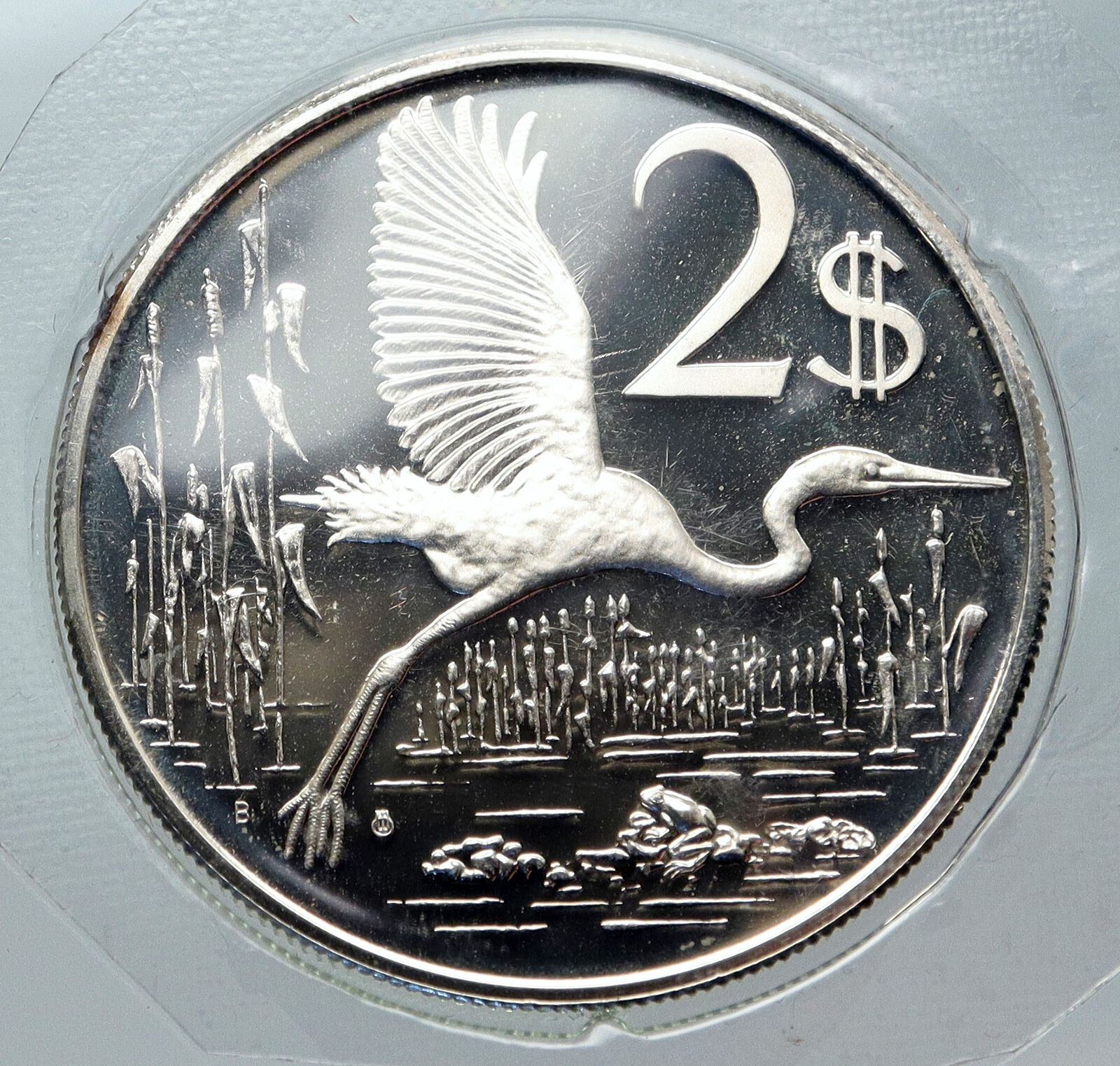 1974 CAYMAN ISLANDS 4.0cm OLD GREAT BLUE HERON BIRD Proof Silver $2 Coin i85743