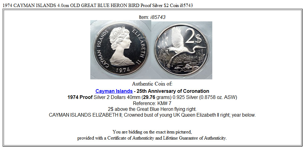 1974 CAYMAN ISLANDS 4.0cm OLD GREAT BLUE HERON BIRD Proof Silver $2 Coin i85743