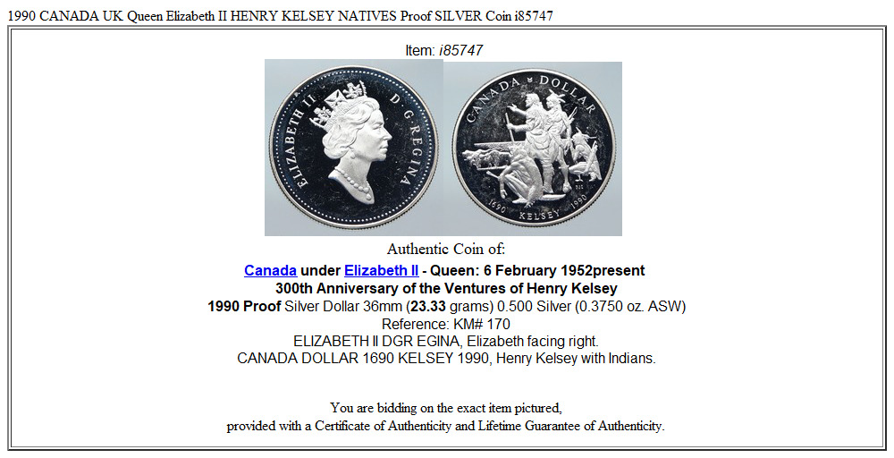 1990 CANADA UK Queen Elizabeth II HENRY KELSEY NATIVES Proof SILVER Coin i85747