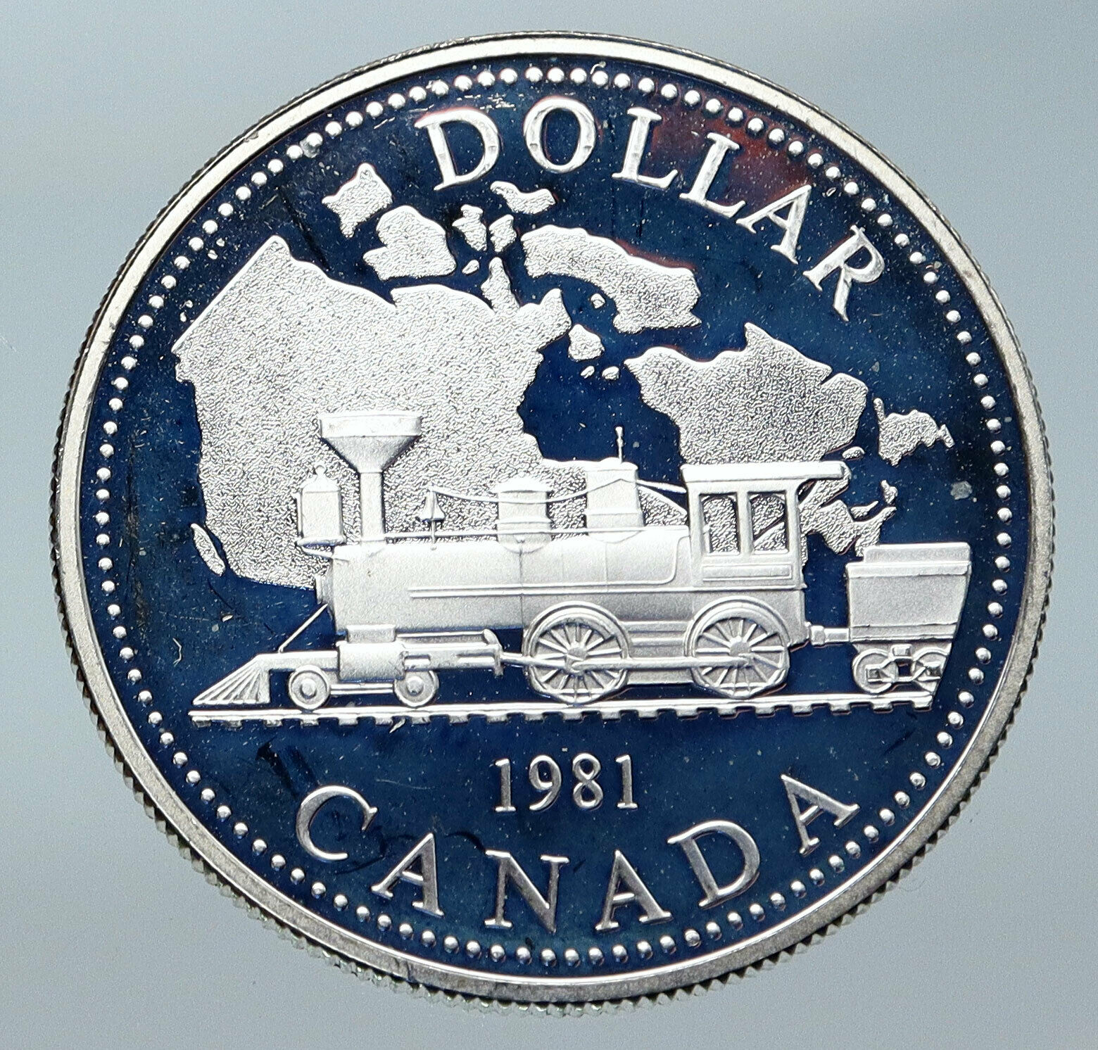 1981 CANADA w UK Queen Elizabeth II Railway OLD Train Silver Dollar Coin i85746