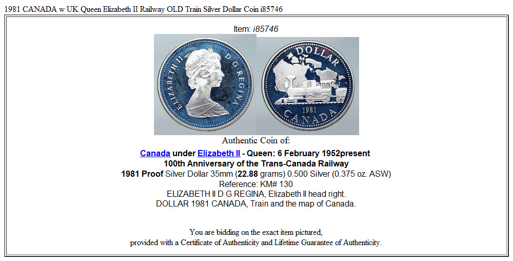 1981 CANADA w UK Queen Elizabeth II Railway OLD Train Silver Dollar Coin i85746