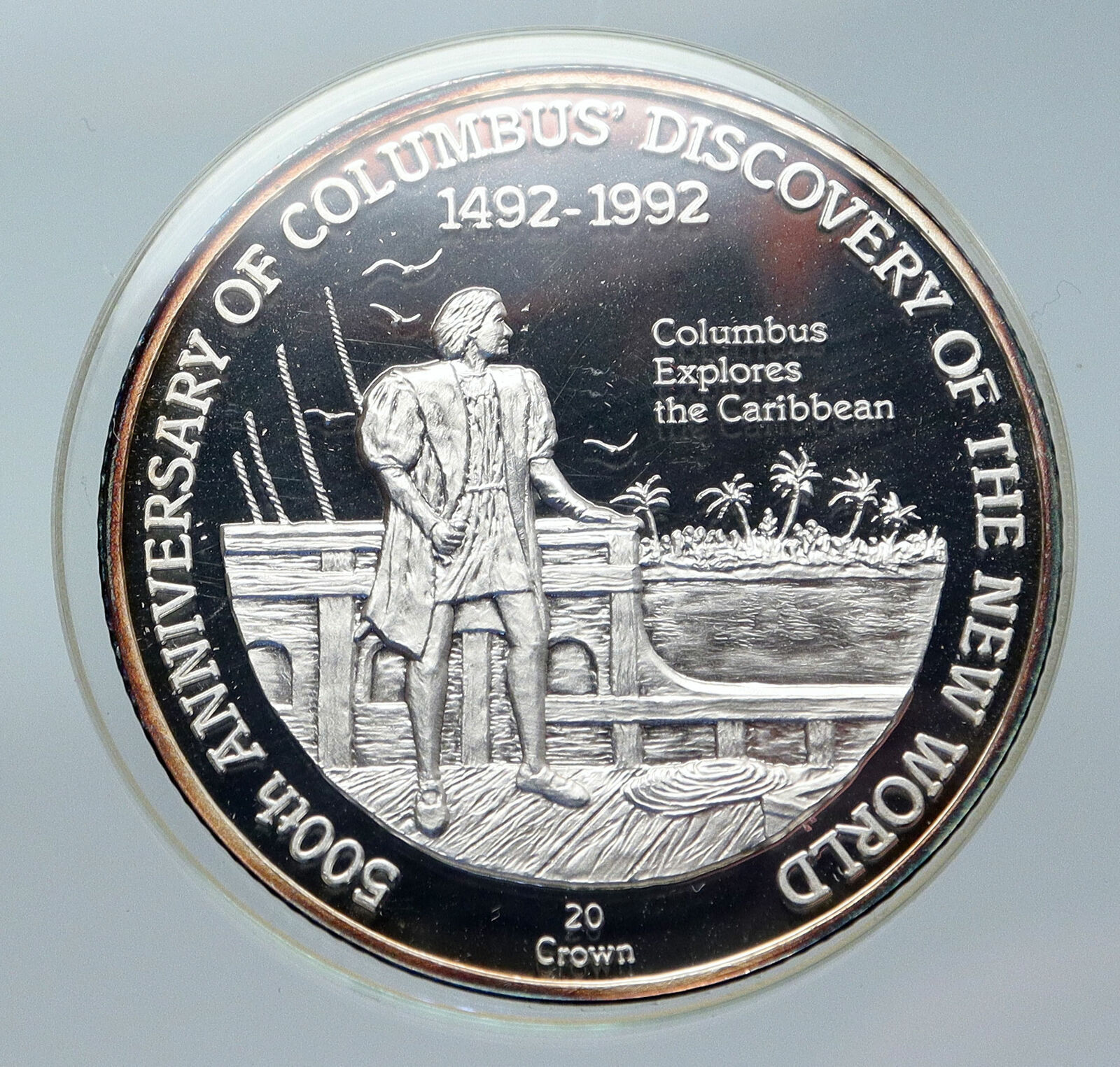 1989 TURKS CAICOS Discovery of America CARIBBEAN Proof Silver 20Crwn Coin i85744