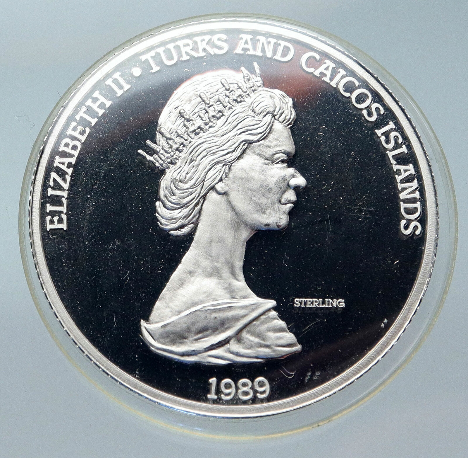 1989 TURKS CAICOS Discovery of America CARIBBEAN Proof Silver 20Crwn Coin i85744