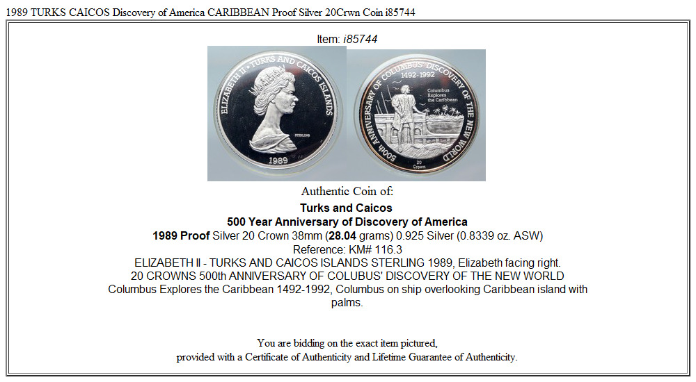 1989 TURKS CAICOS Discovery of America CARIBBEAN Proof Silver 20Crwn Coin i85744