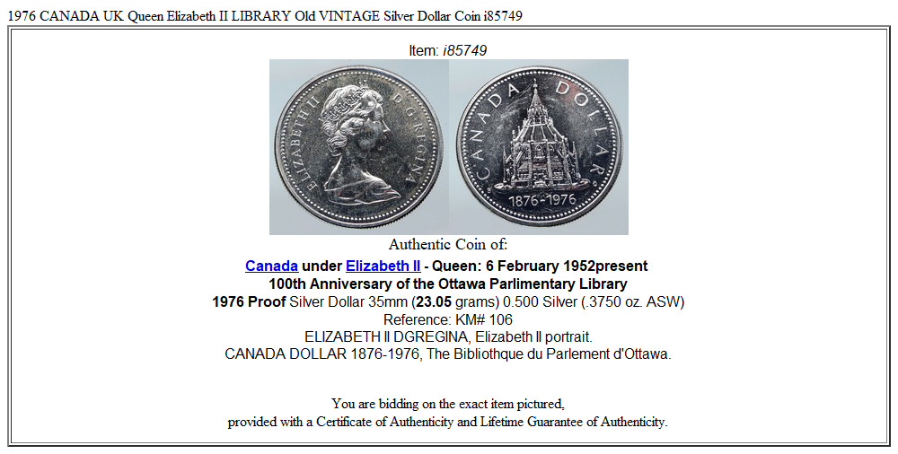 1976 CANADA UK Queen Elizabeth II LIBRARY Old VINTAGE Silver Dollar Coin i85749