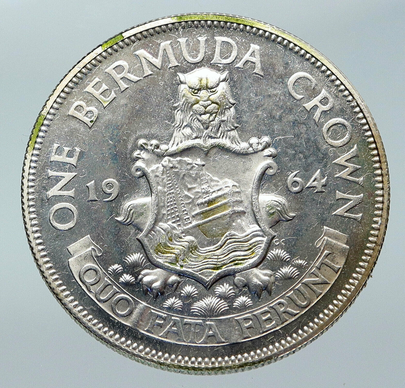 1964 BERMUDA British Colony LARGE Elizabeth II VINTAGE Silver Crown Coin i85753