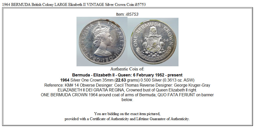 1964 BERMUDA British Colony LARGE Elizabeth II VINTAGE Silver Crown Coin i85753