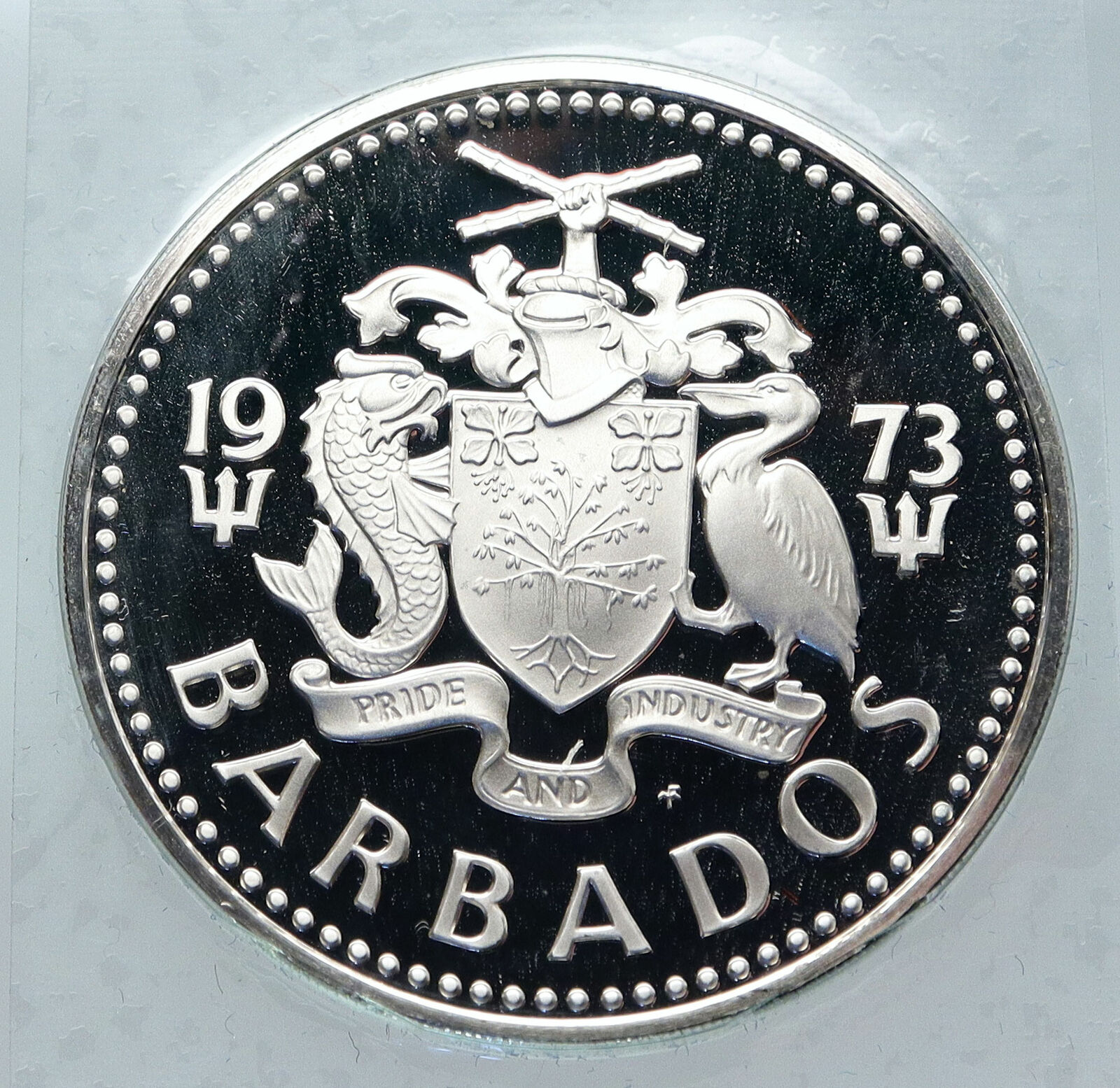 1973 BARBADOS Trafalgar Fountain Arms VINTAGE PROOF Silver 5 Dollars Coin i85755