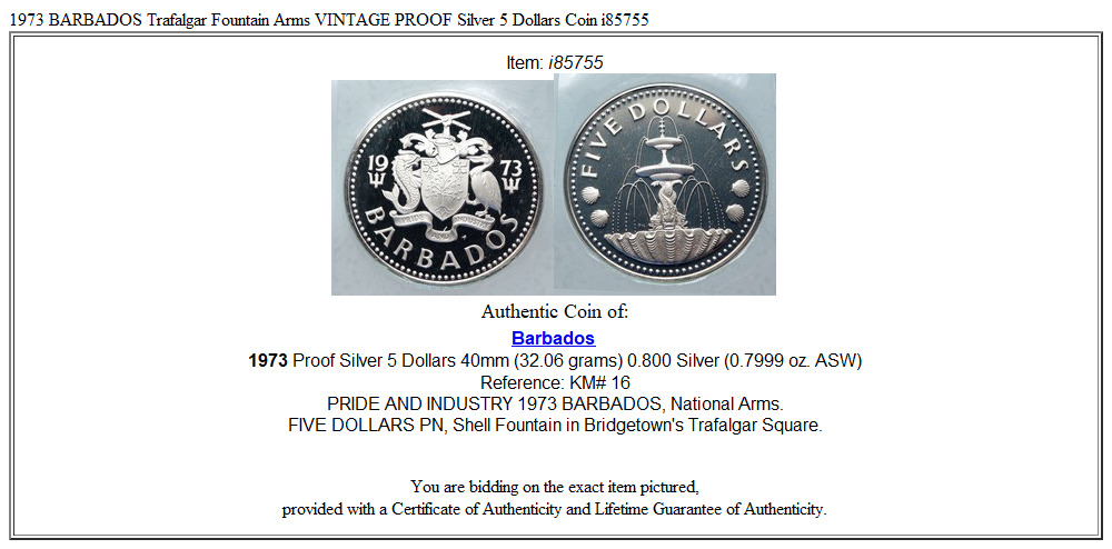 1973 BARBADOS Trafalgar Fountain Arms VINTAGE PROOF Silver 5 Dollars Coin i85755