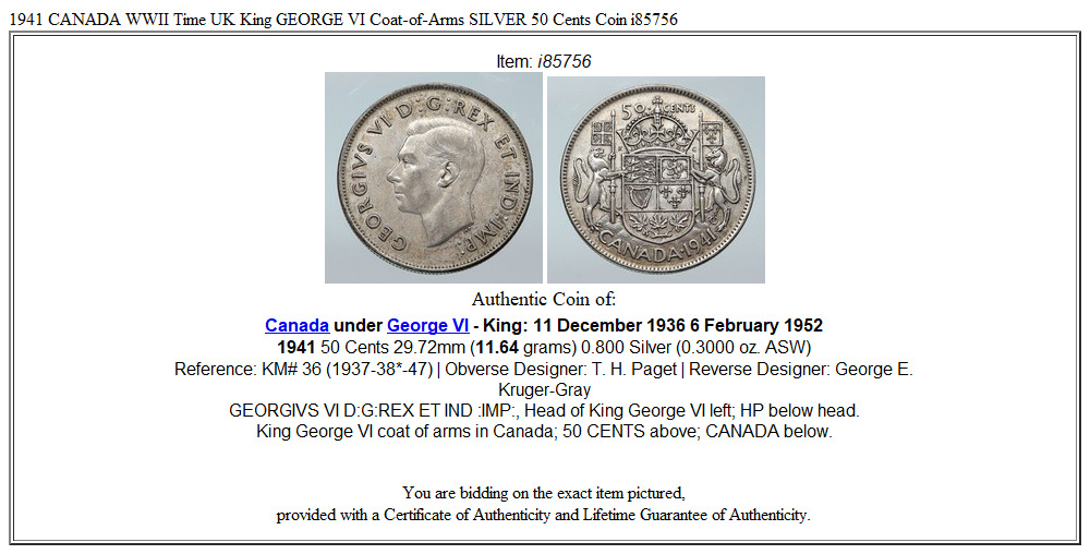 1941 CANADA WWII Time UK King GEORGE VI Coat-of-Arms SILVER 50 Cents Coin i85756