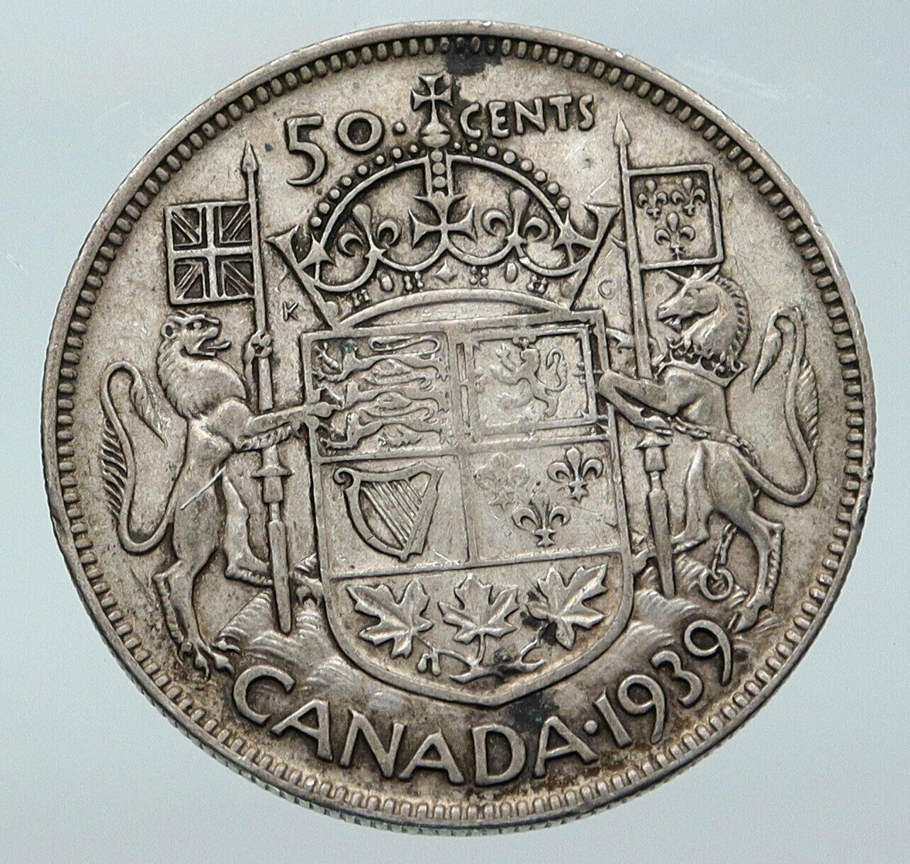 1939 CANADA WWII Time UK King GEORGE VI Coat-of-Arms SILVER 50 Cents Coin i85757