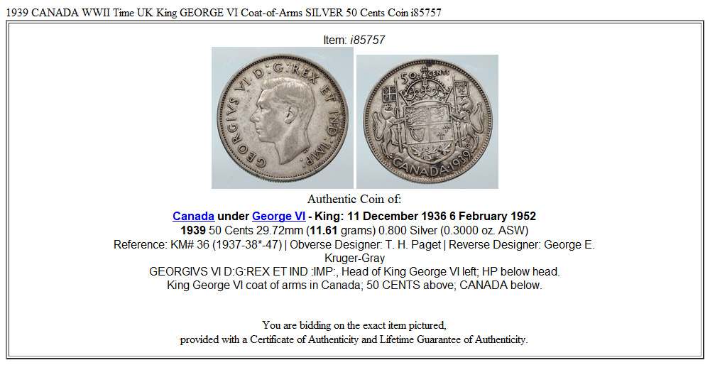 1939 CANADA WWII Time UK King GEORGE VI Coat-of-Arms SILVER 50 Cents Coin i85757