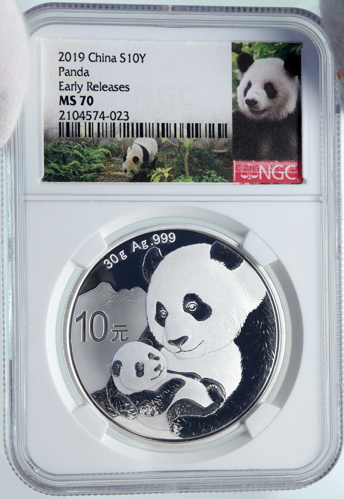 2019 CHINA PANDA MOM w CUB Genuine Silver 10 Yuan Chinese Coin NGC MS70 i85710