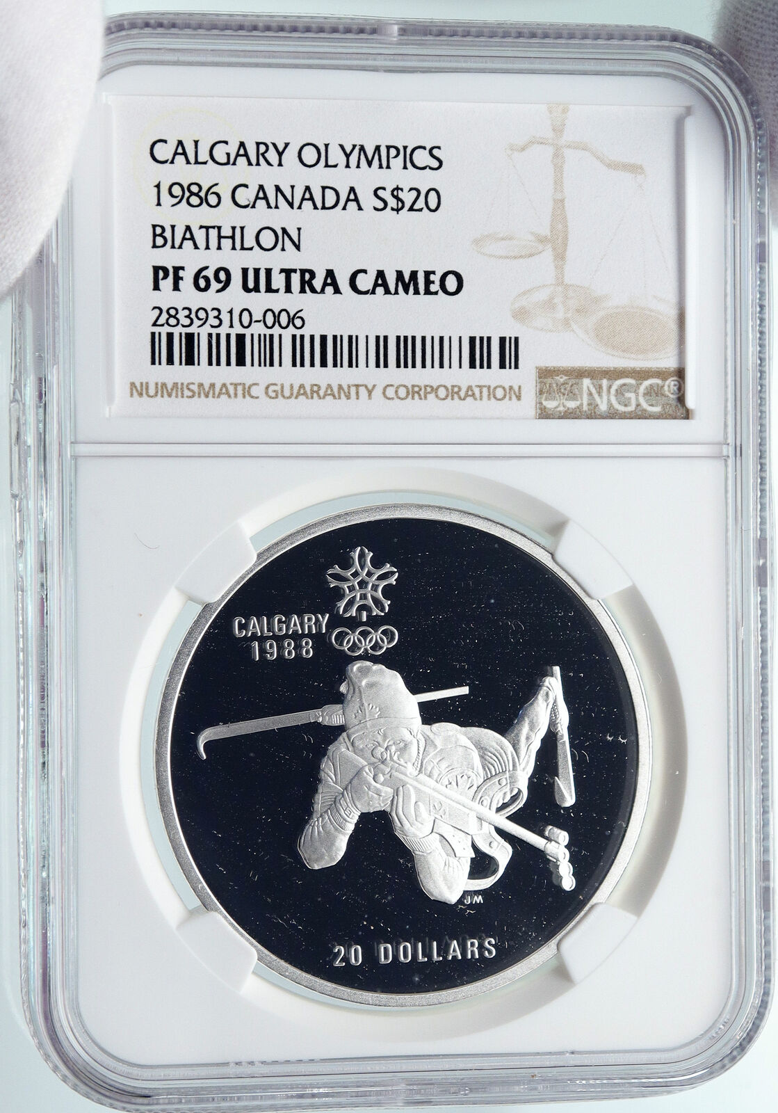 1986 CANADA Old 1988 CALGARY OLYMPICS BIATHLON Proof Silver $20 Coin NGC i85795