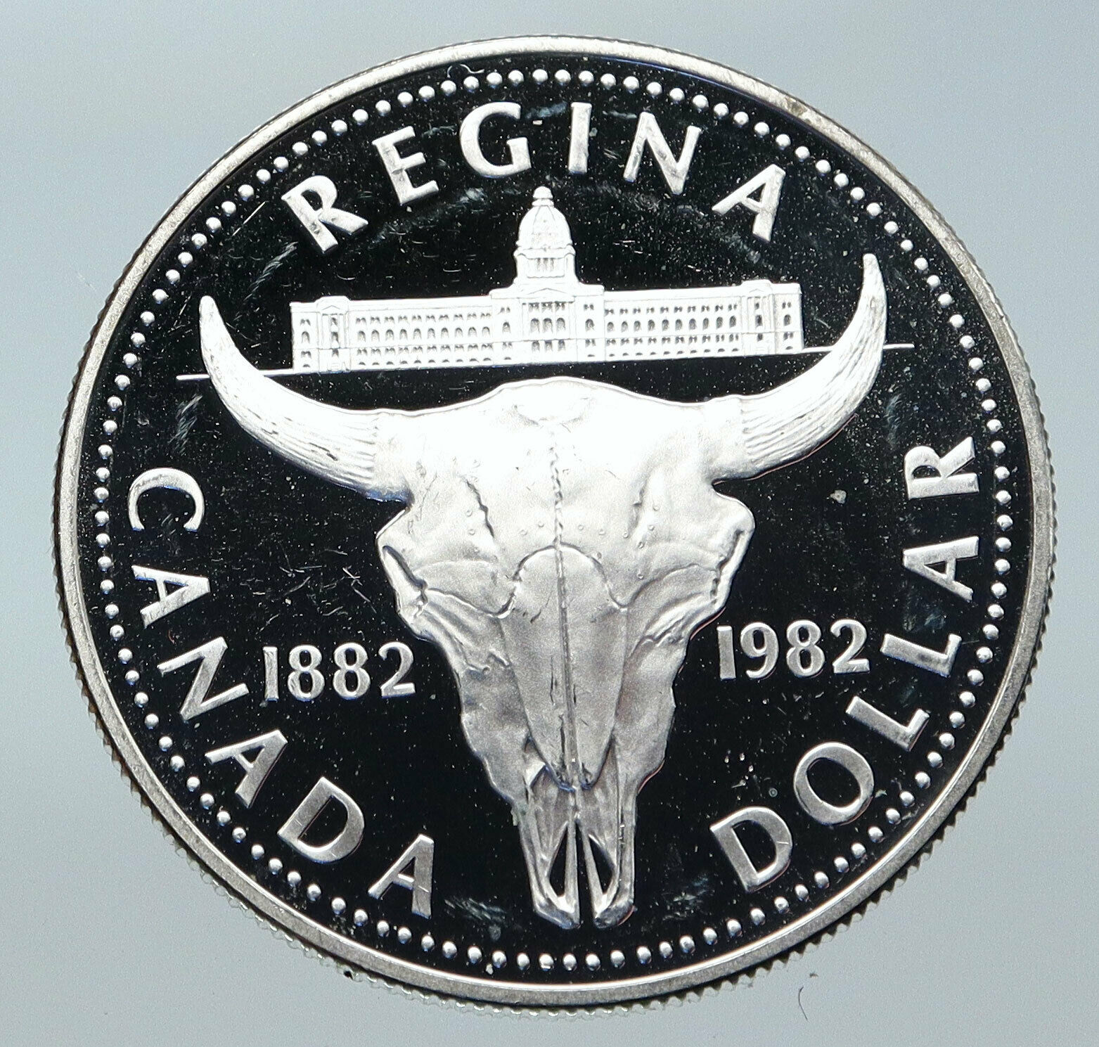 1982 CANADA UK Queen ELIZABETH II Cattle Skull Proof Silver Dollar Coin i85752