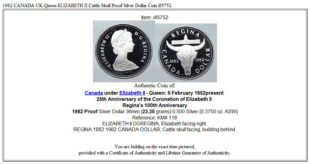 1982 CANADA UK Queen ELIZABETH II Cattle Skull Proof Silver Dollar Coin i85752