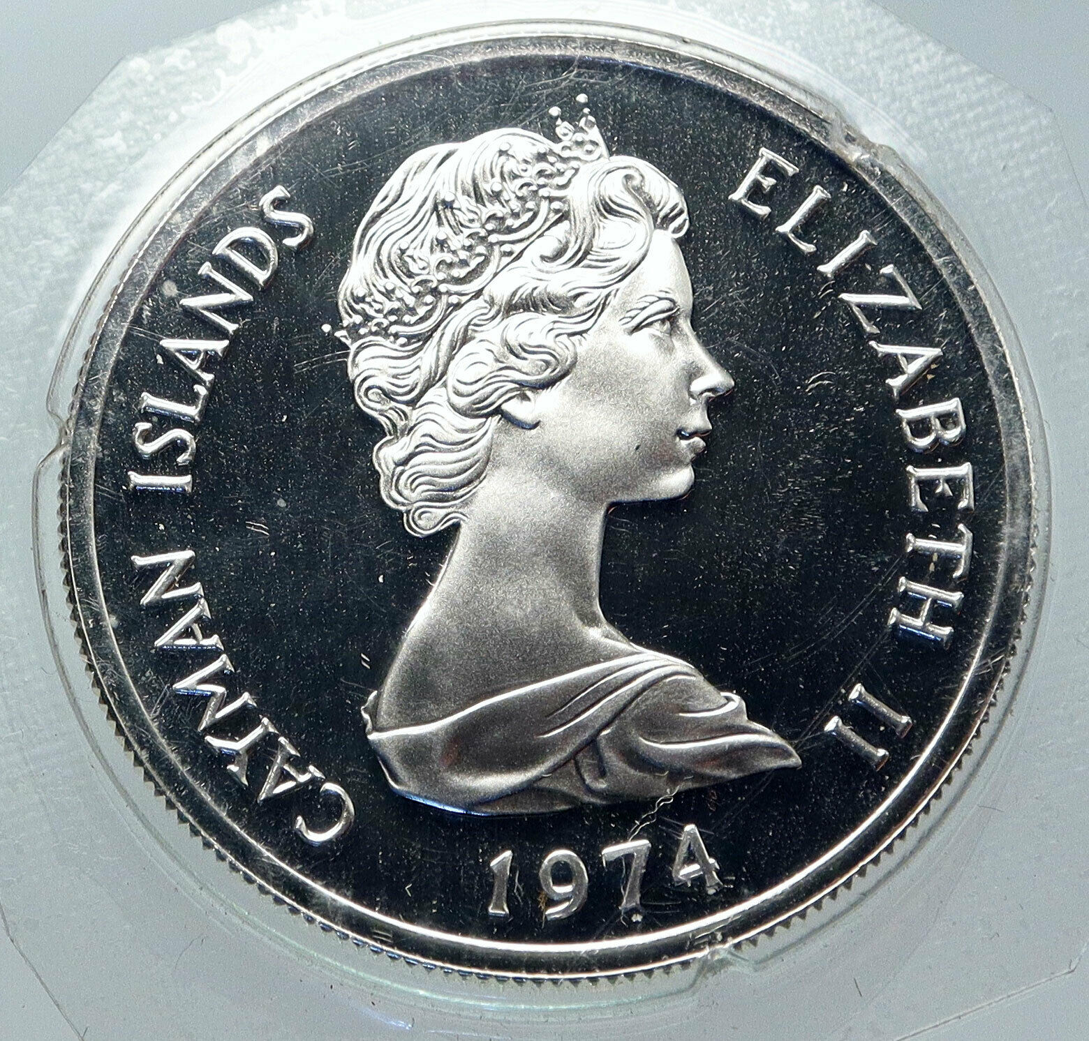 1974 CAYMAN ISLANDS Queen Elizabeth II w Flower Proof Silver Dollar Coin i85660