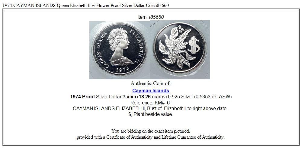 1974 CAYMAN ISLANDS Queen Elizabeth II w Flower Proof Silver Dollar Coin i85660