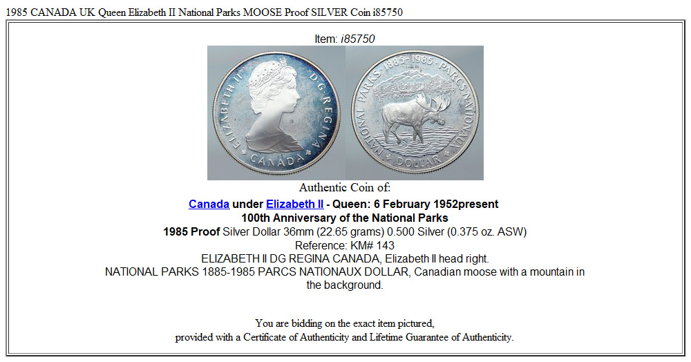 1985 CANADA UK Queen Elizabeth II National Parks MOOSE Proof SILVER Coin i85750