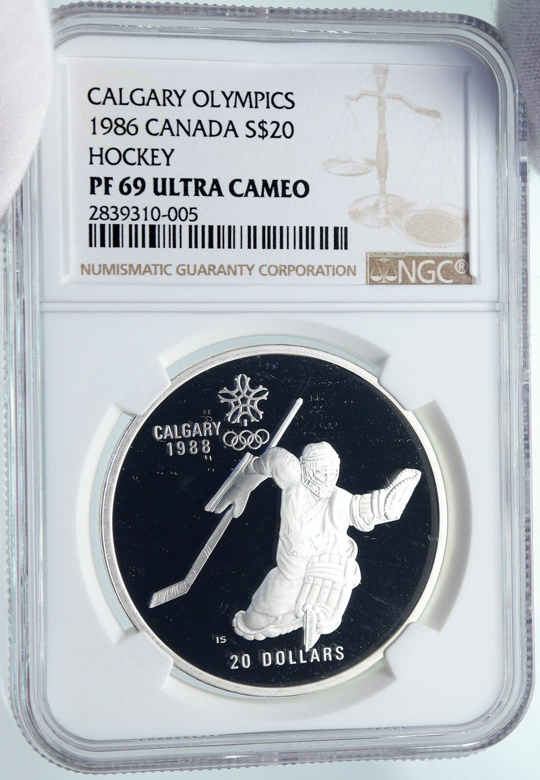 1986 CANADA for 1988 CALGARY OLYMPICS HOCKEY NGC Proof Silver $20 Coin i85794