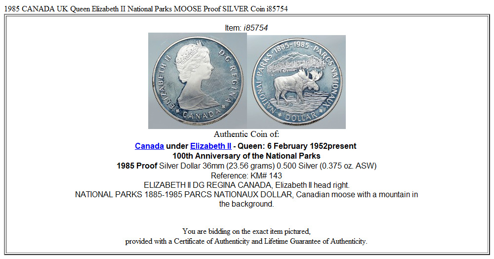 1985 CANADA UK Queen Elizabeth II National Parks MOOSE Proof SILVER Coin i85754