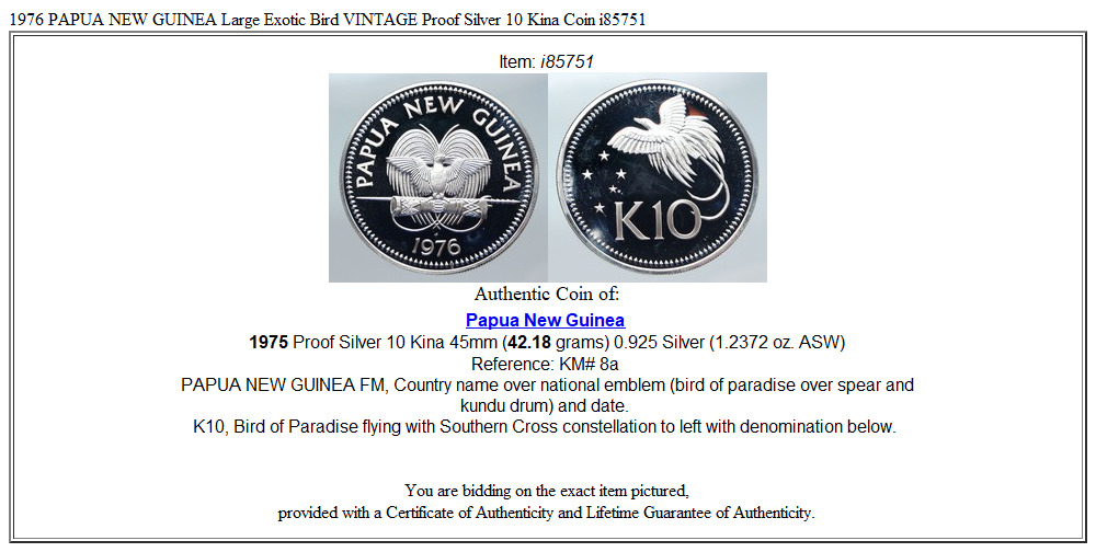 1976 PAPUA NEW GUINEA Large Exotic Bird VINTAGE Proof Silver 10 Kina Coin i85751