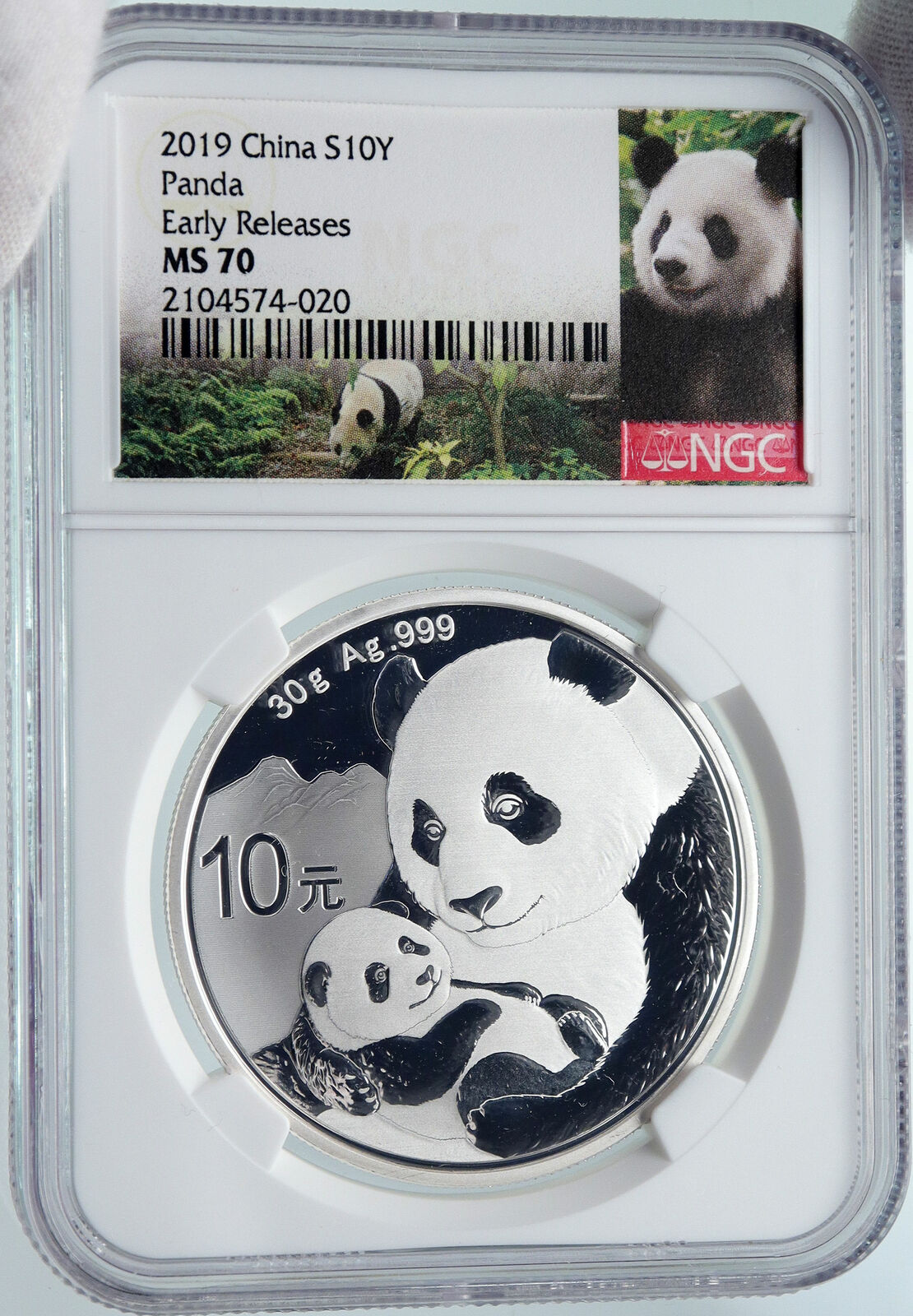 2019 CHINA PANDA MOM w CUB Genuine Silver 10 Yuan Chinese Coin NGC MS70 i85713