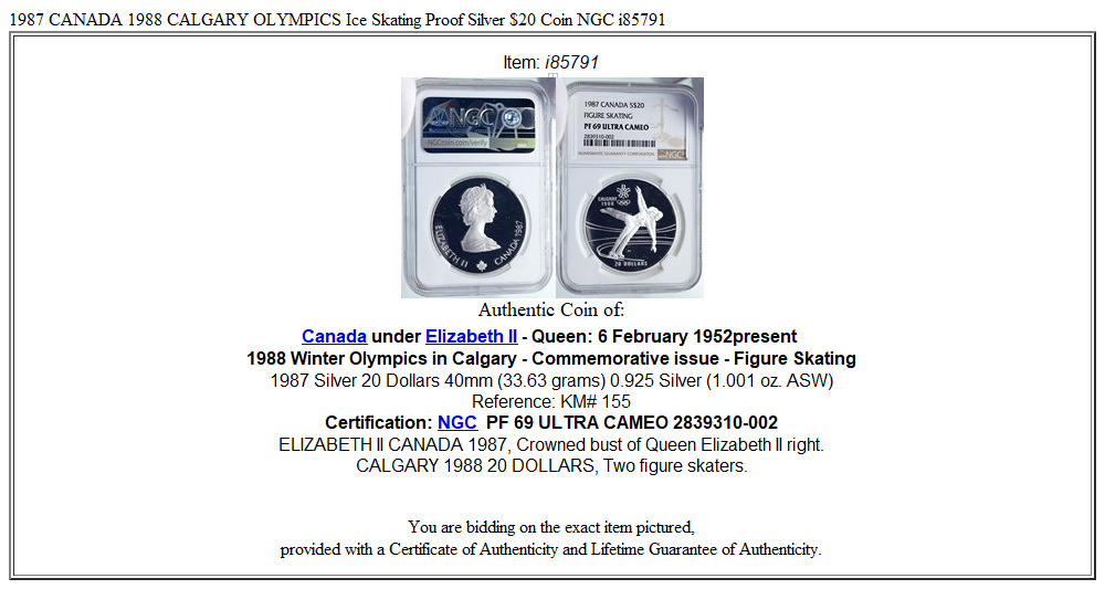 1987 CANADA 1988 CALGARY OLYMPICS Ice Skating Proof Silver $20 Coin NGC i85791