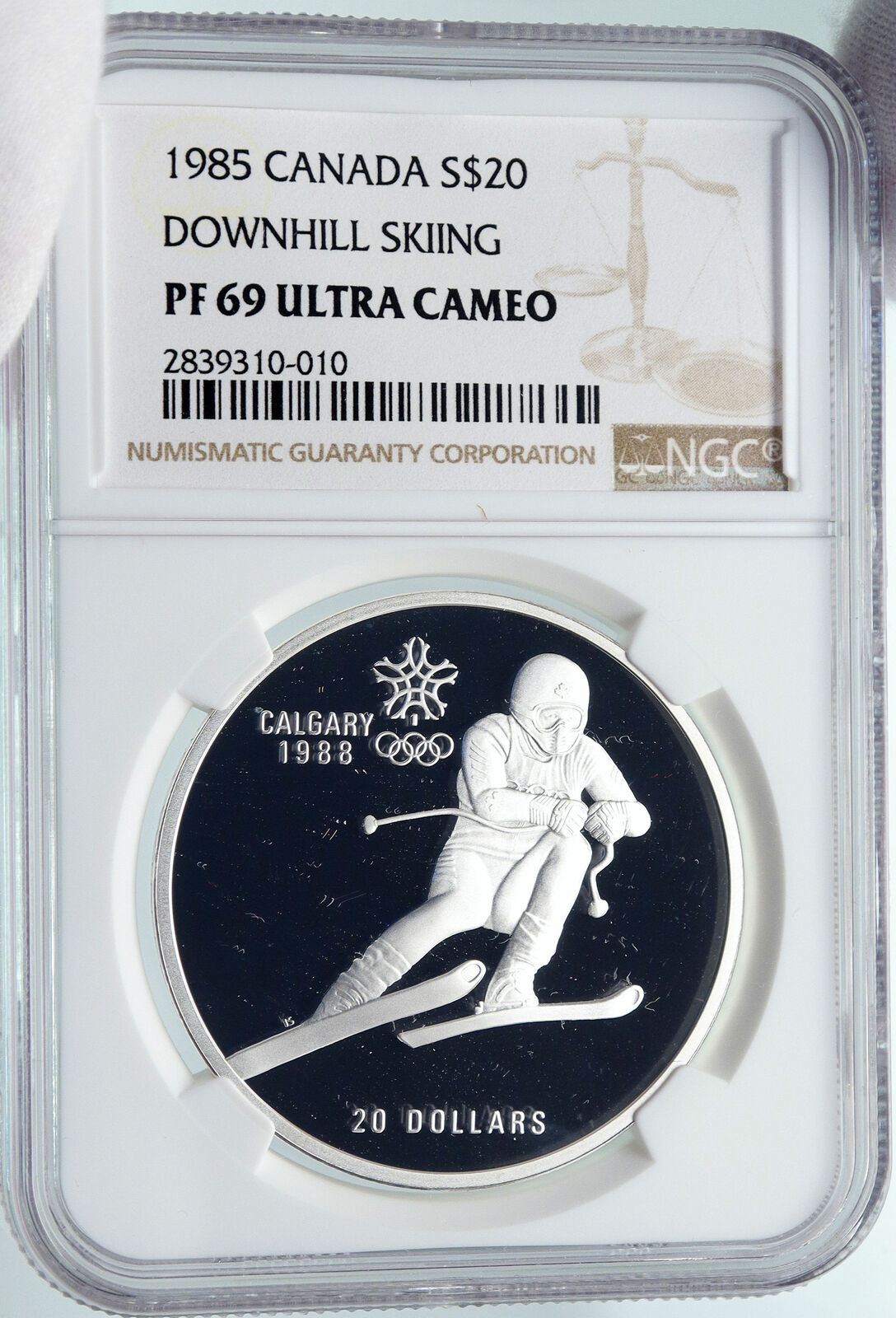 1985 CANADA Old 1988 CALGARY OLYMPICS Skiing Proof Silver $20 Coin NGC i85799