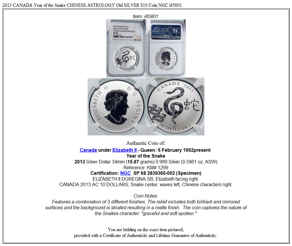 2013 CANADA Year of the Snake CHINESE ASTROLOGY Old SILVER $10 Coin NGC i85801