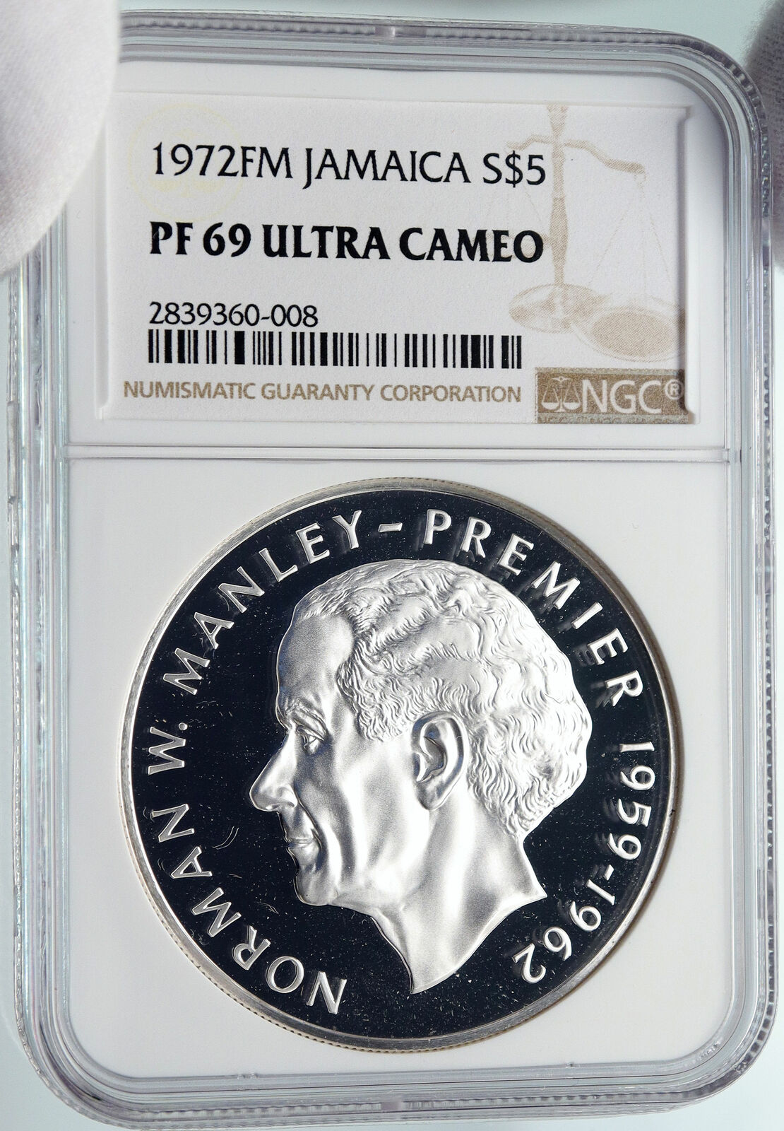 1972 JAMAICA Proof HUGE 4.5cm Premier Norman W Manley Silver $5 Coin NGC i85807