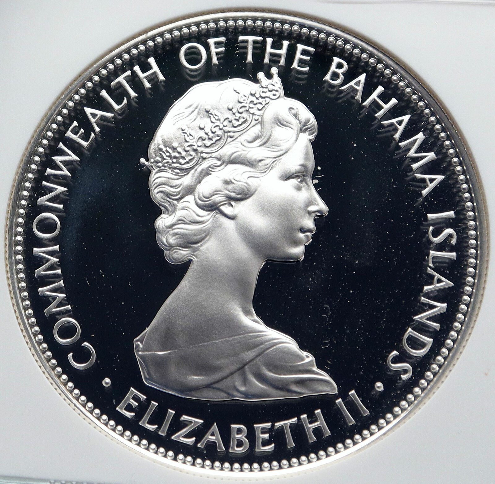 1972 BAHAMAS HUGE PIRATE DEFEAT MOTTO Vintage Proof Silver $5 Coin NGC i85808