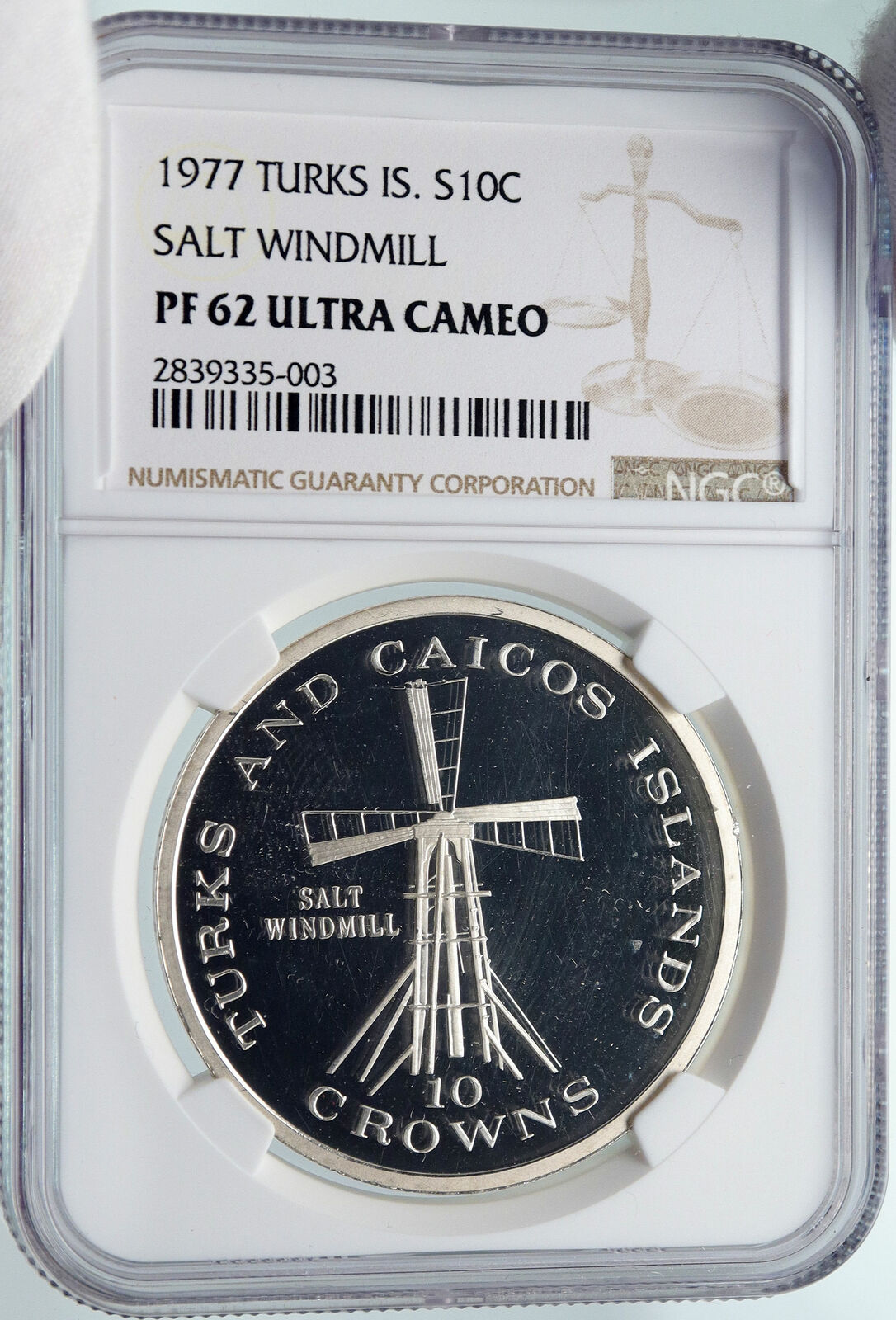 1977 TURKS AND CAICOS Salt Windmill OLD Proof Silver 10 Crown Coin NGC i85817