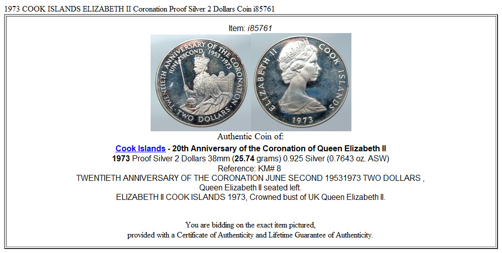 1973 COOK ISLANDS ELIZABETH II Coronation Proof Silver 2 Dollars Coin i85761