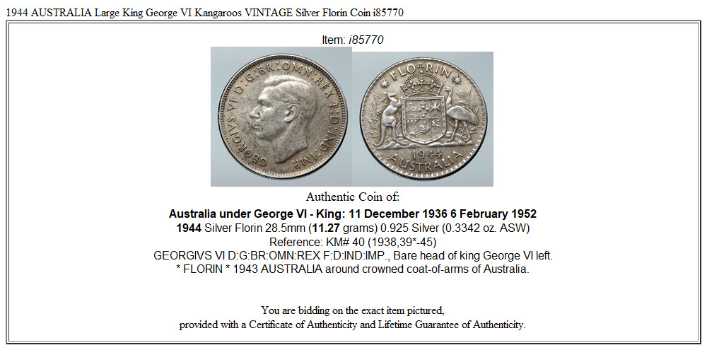 1944 AUSTRALIA Large King George VI Kangaroos VINTAGE Silver Florin Coin i85770