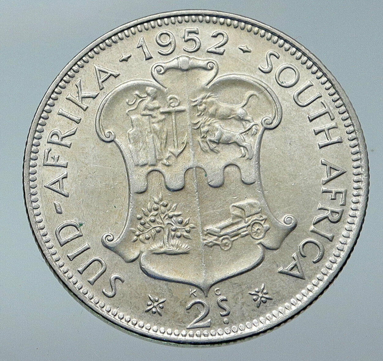 1952 SOUTH AFRICA Large GEORGE VI Shields VINTAGE Silver 2 Shillings Coin i85774